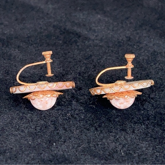 Vintage Ivory White Pink Copper Clip On Earrings Event Wedding - Picture 8 of 8